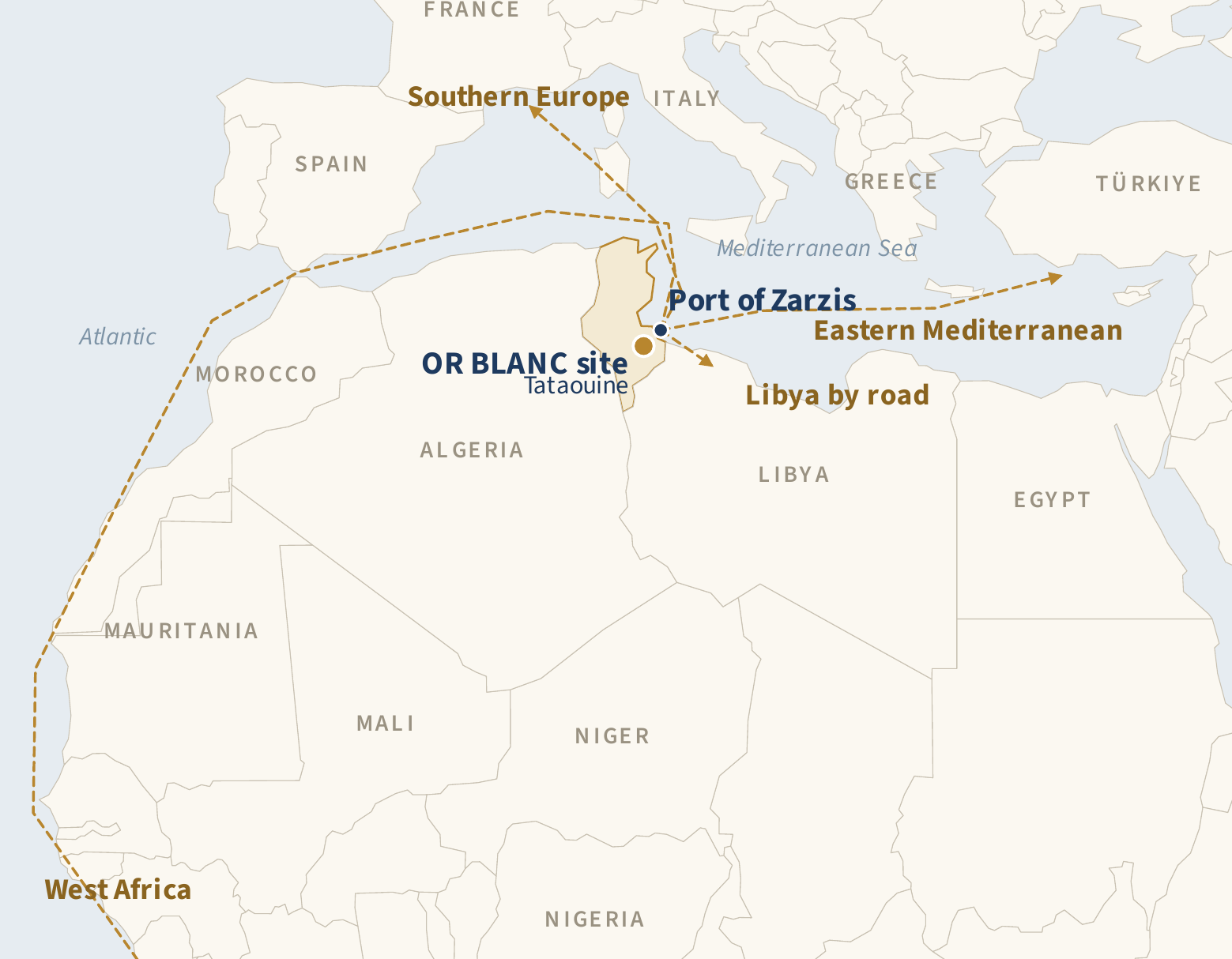 Carte des routes maritimes indicatives depuis le Port de Zarzis vers l'Europe du Sud, la Méditerranée orientale et l'Afrique de l'Ouest ; Libye desservie par la route